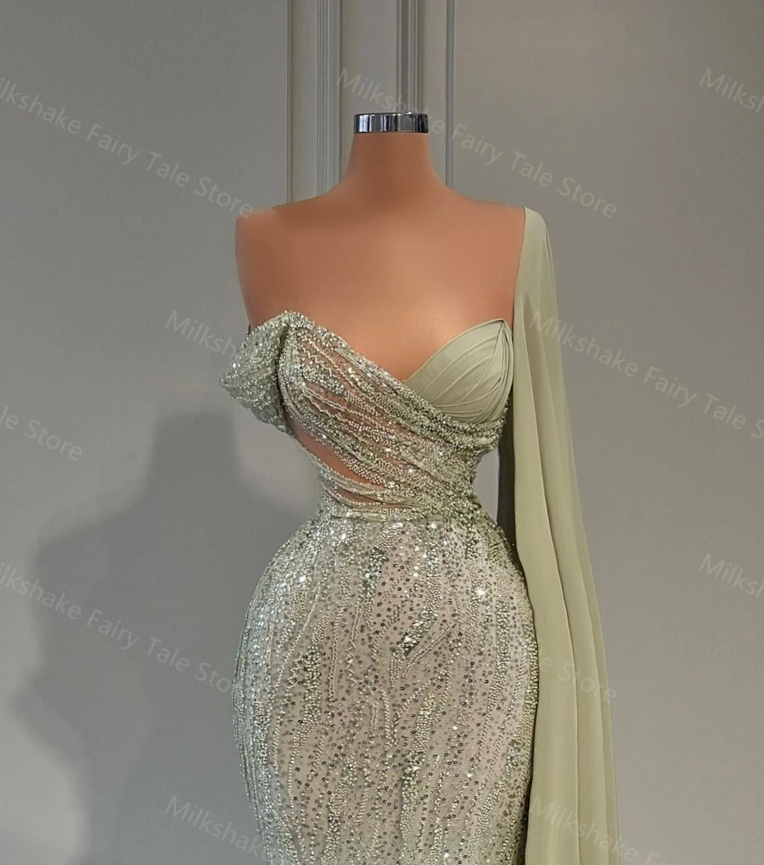 Glitter Mint Green Prom Dresses Uit De Schouder Partij Formele Kralen Avond Gownswith Lange Shawl Sheer V-hals Trouwjurk