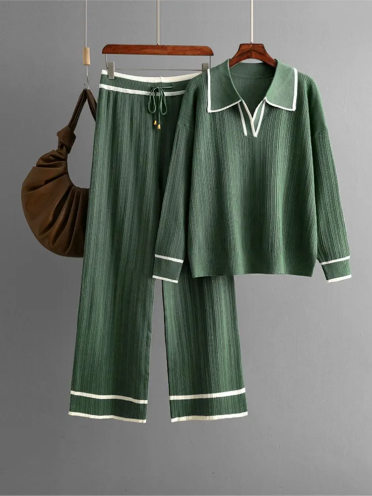 

Casual Suit Knitted High Waist Slimming Two-Piece Set Fashionable Collared Spring Autumn New Arrival Women's Pant Sets Homewear
