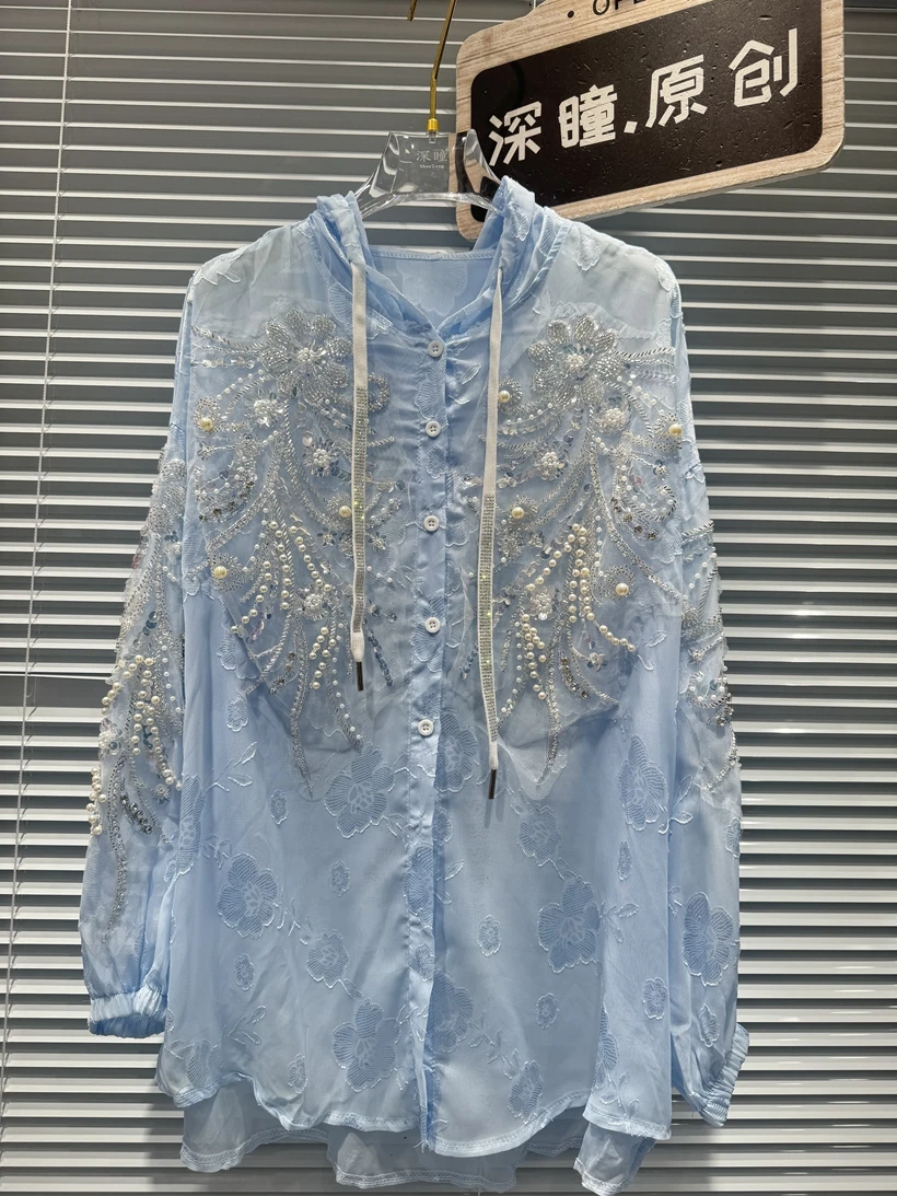Perle di lusso Perline Ricamo Camicette di protezione solare con cappuccio oversize Camicie per le donne 2025 Primavera Estate Top Camisas De Mujer