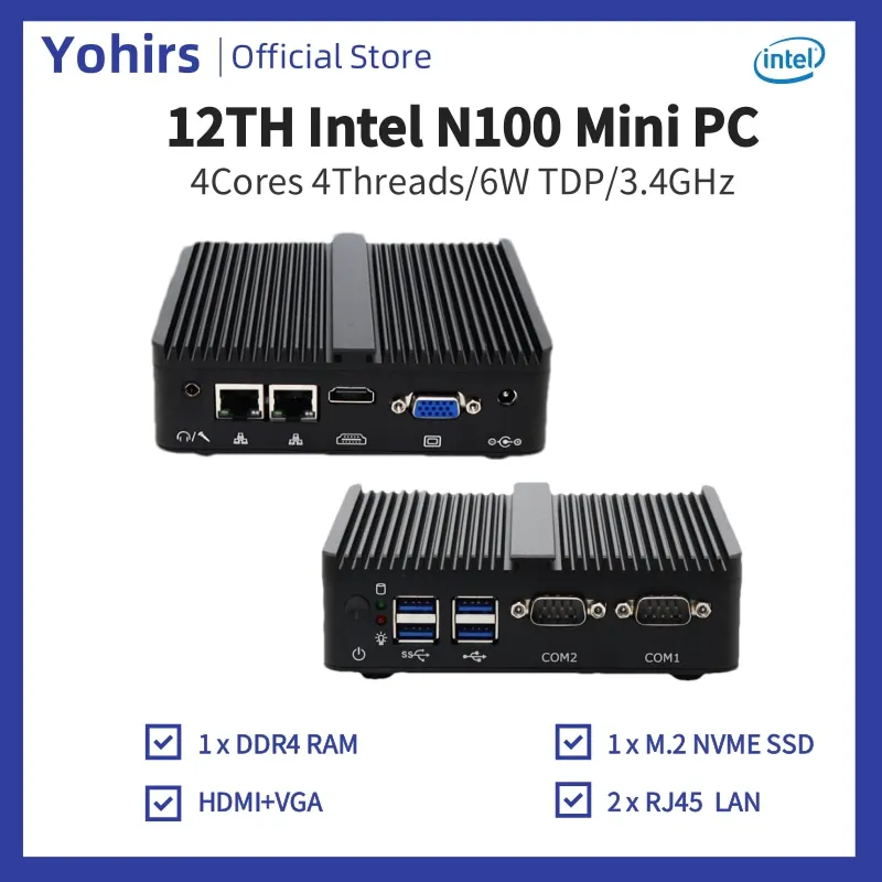 คอมพิวเตอร์มินิพีซีไร้พัดลม Yohirs รุ่น Intel เจนเนอเรชั่น 12 N100 J5005 2Lan DDR4 NVME 4USB HDMI VGA 2xCOM PfSense ไฟร์วอลล์ เซิร์ฟเวอร์ คอมพิวเตอร์ ซอฟต์แวร์เราเตอร์