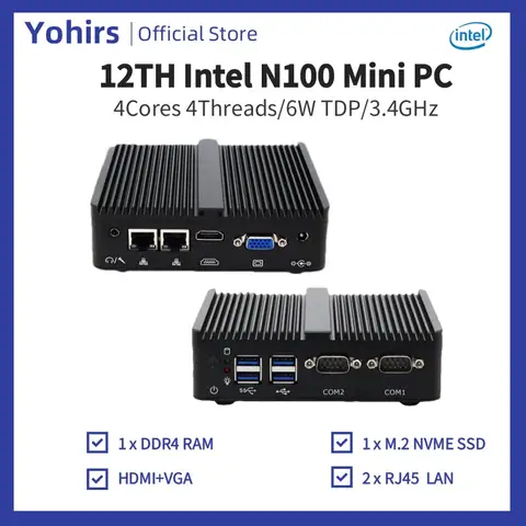 Yohirs Fanless 12th Intel Mini PC N100 J5005 2Lan DDR4 NVME 4USB HDMI VGA 2xCOM PfSense Firewall Server Computer Soft Router