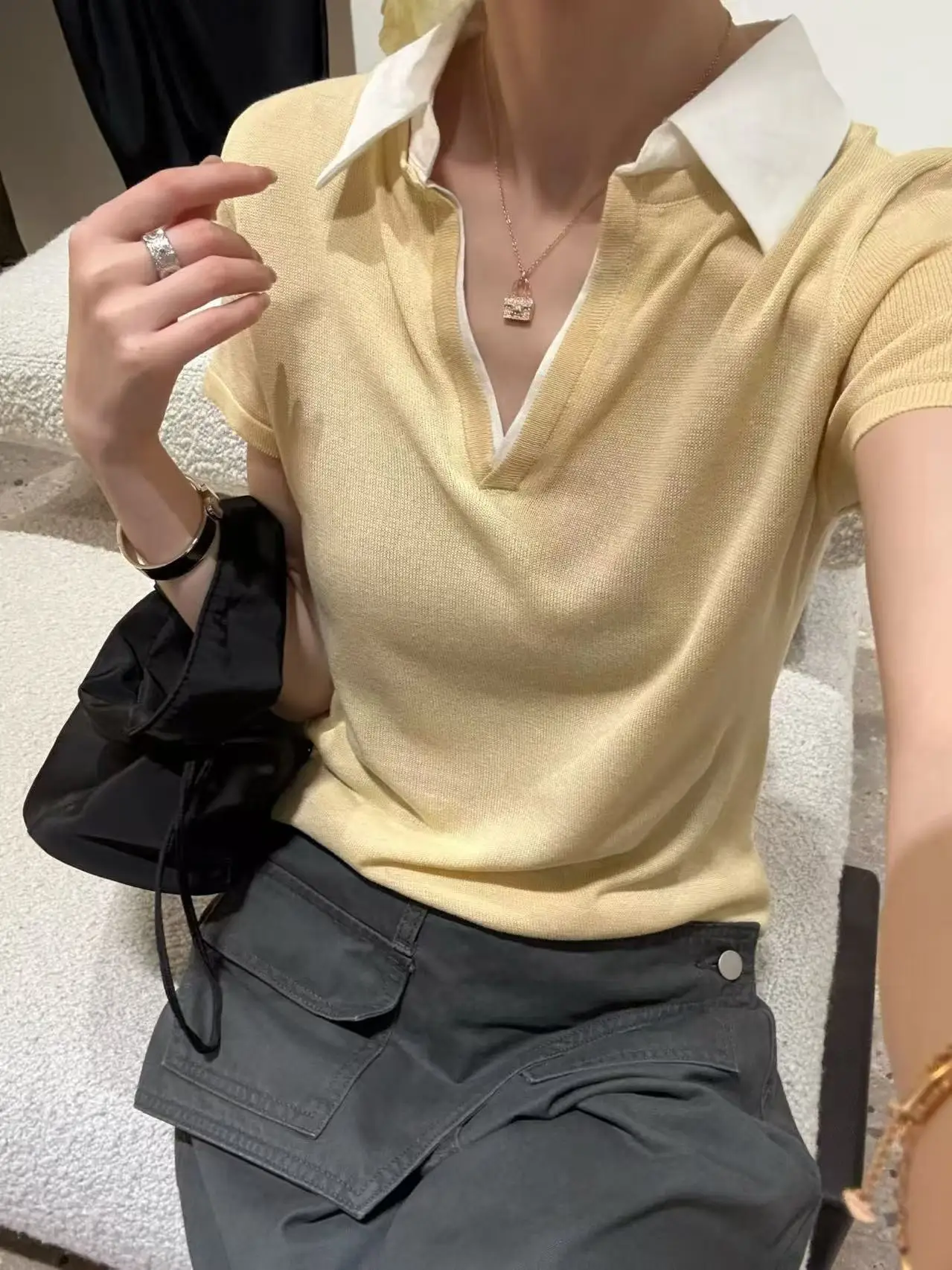 

Korean Style Knitted Short Sleeve Neck Slimming Top Fashionable Casual Breathable Women's Spring Summer New Arrival
