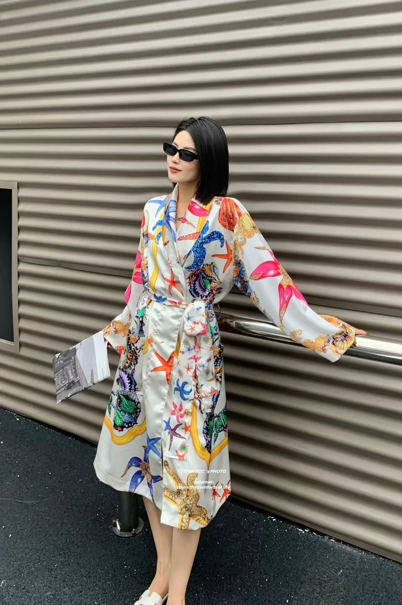 

Elegant Silk Bathrobe With Ocean Pattern Lightweight Breathable Night Robe Casual Home Sleepwear For Ladies