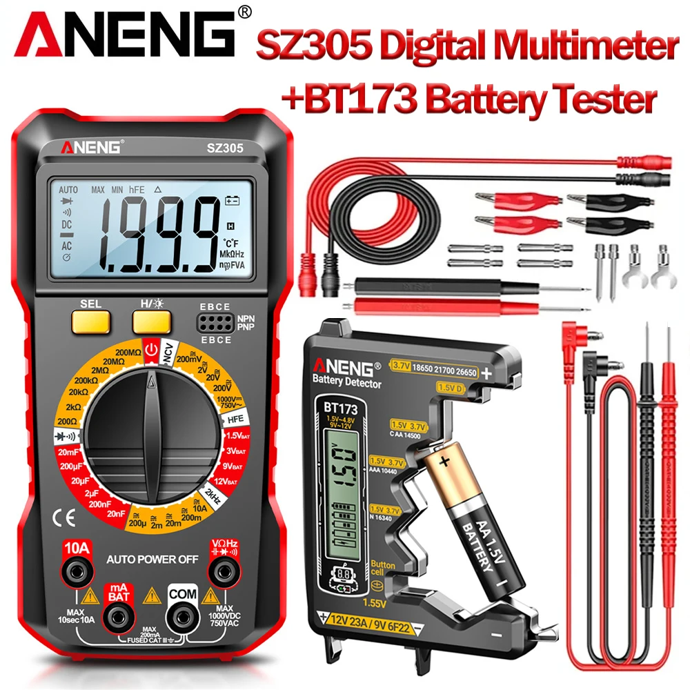 ANENG SZ305 Digital Multimeter NCV Voltage Induction Detector +BT173 Digital Display Battery Tester Professional Electrician Too