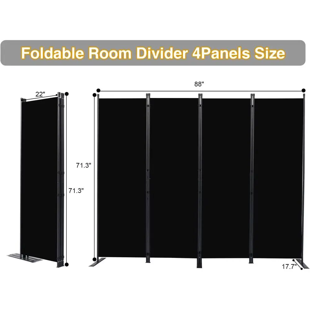 4-Panel Black Room Divider with Wider Feet, 88 Wide x 71 High, Stable and Portable for Flexible Space Separation