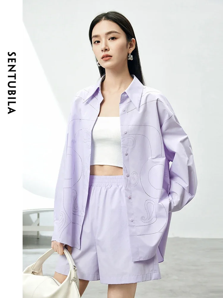 SENTUBILA Women Summer Shorts Sets 2024 Fashion Casual Drop Long Sleeve Shirt Elastic Waist Shorts New in Matching Set 142T54011