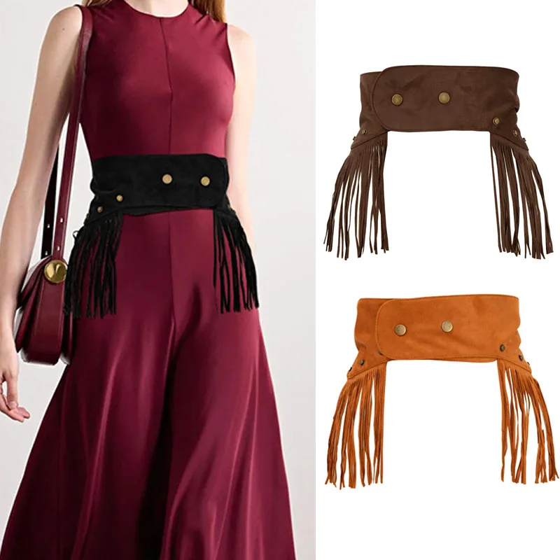 Fashion Wide Waist Belt for Women Black Suede Tassel Wrap Around Obi Boho Corset Cincher Waistband Dress Belt корсет готический