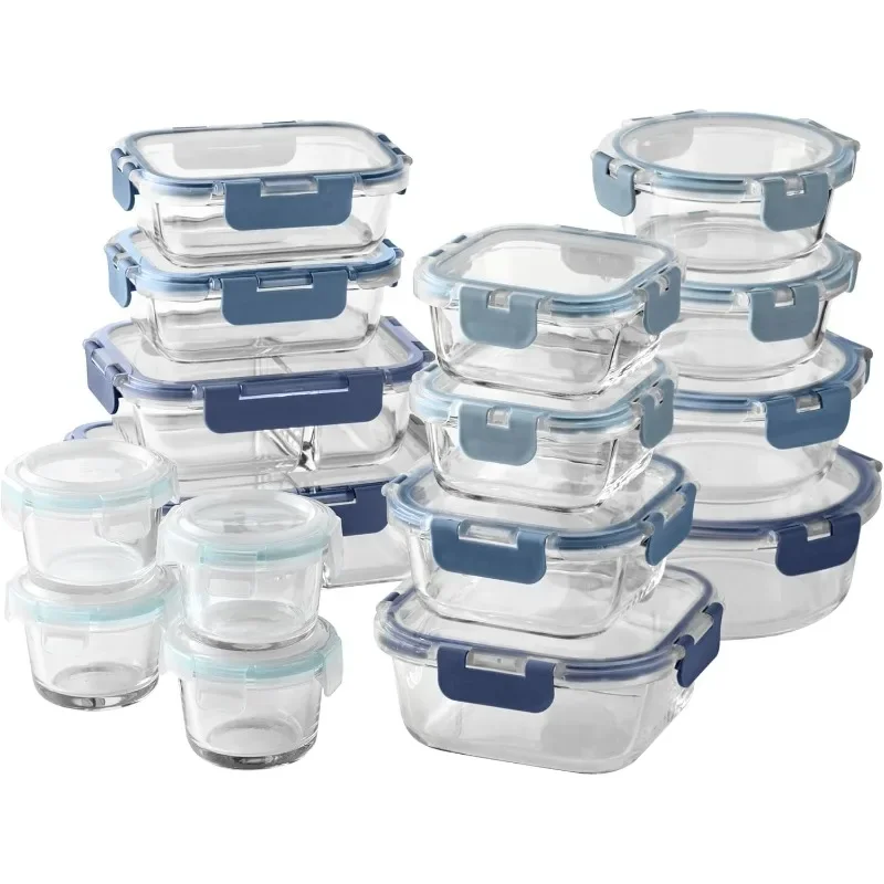 Premium 32-Pc. Borosilicate Glass Food Container Set with Dividers - 4 Rectangles, 8 Rounds, 4 Squares - Leakproof Lids