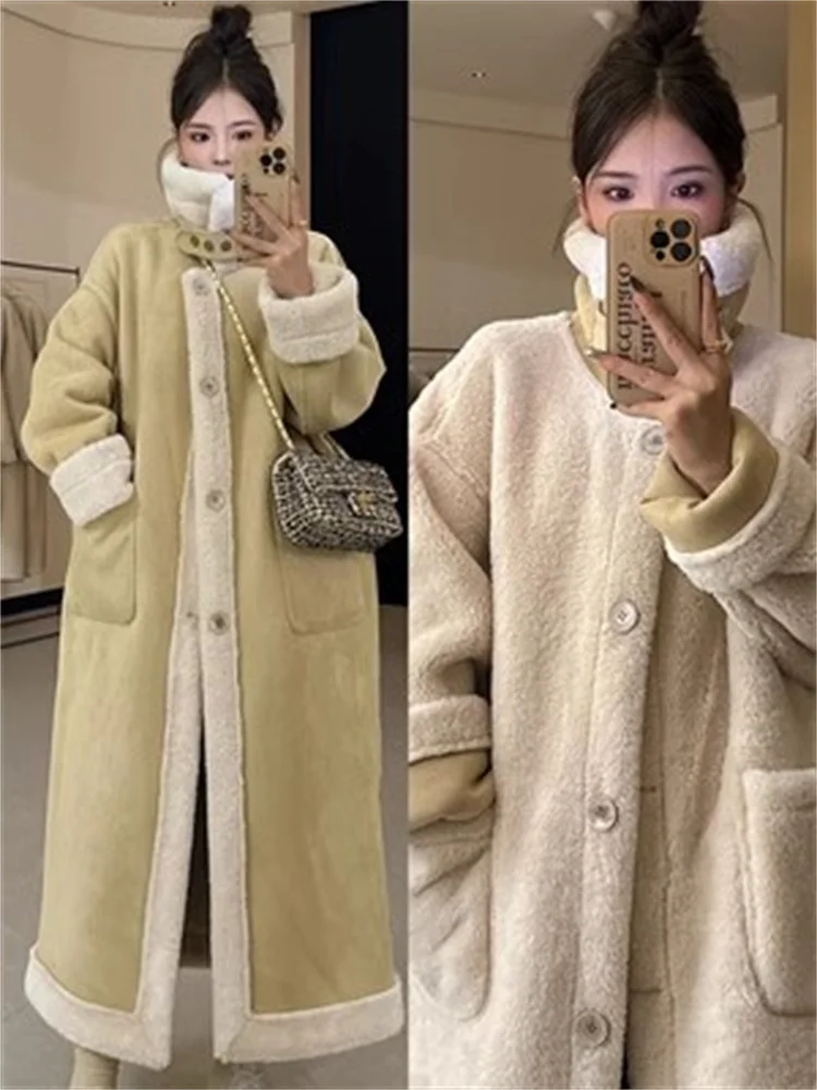 Double-sided Wearing Lamb Add Suede Motorcycle Suit Fur Imitation Fur Outerwear Female 2023 Winter New Long Thick Warm Coat