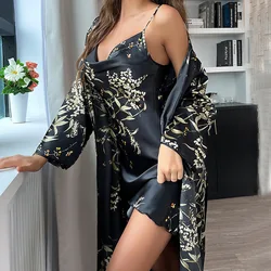 Spring Summer Kimono Bathrobe Gown Female Twinset Robe Set Nightgown Loose Satin Sexy Print Cherry Nightdress Suspender Homewear