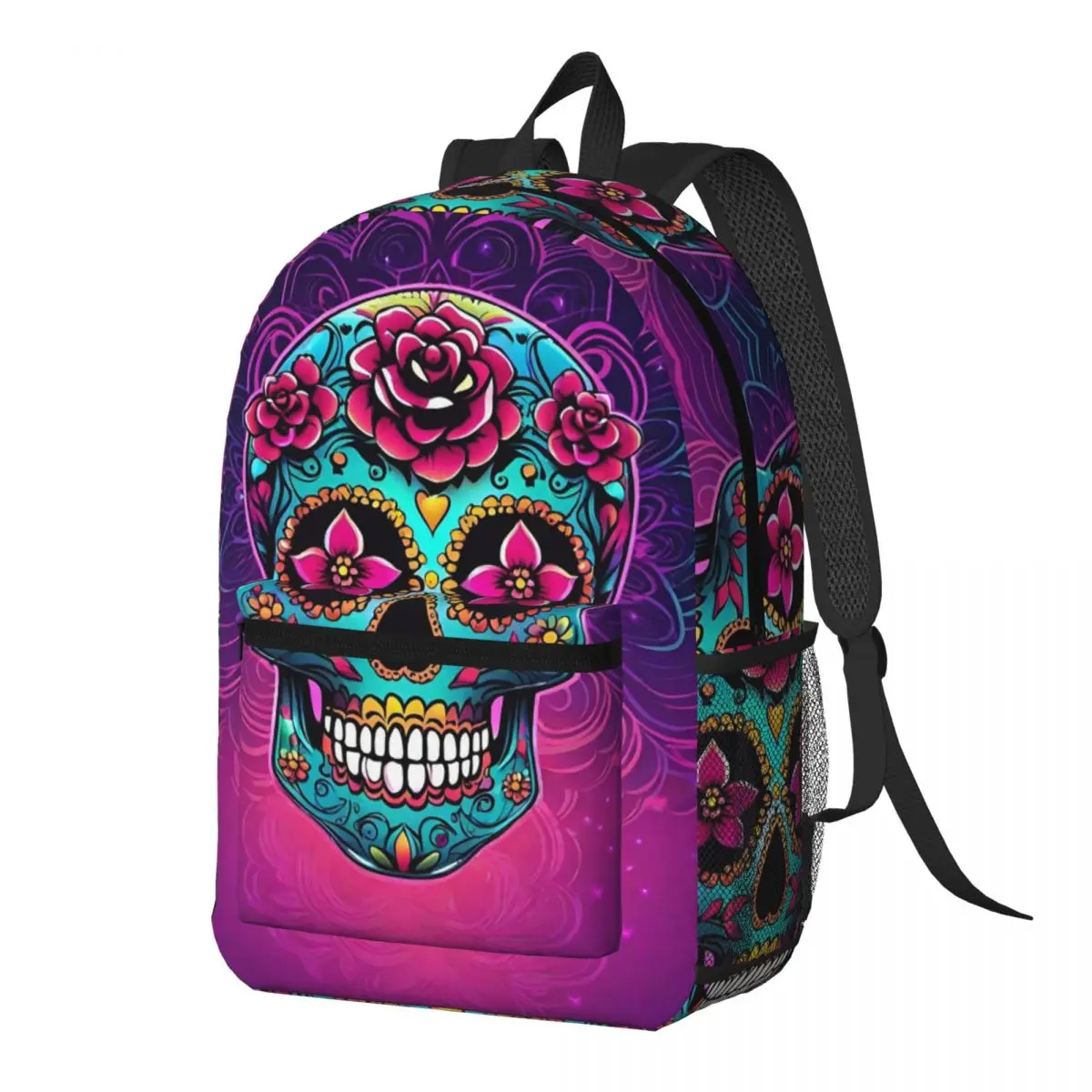 

Mexican Sugar Skulls And Flowers Backpack Daypack Large Capacity Kids BookBag School Bag Shoulder Bags for Men Women