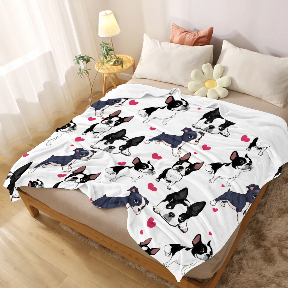 Boston Terrier Dog Print Flannel Throw Blanket Soft Cozy Warm Pink Hearts Gift for Sofa Bed Living Room Dog Lover Home Decor