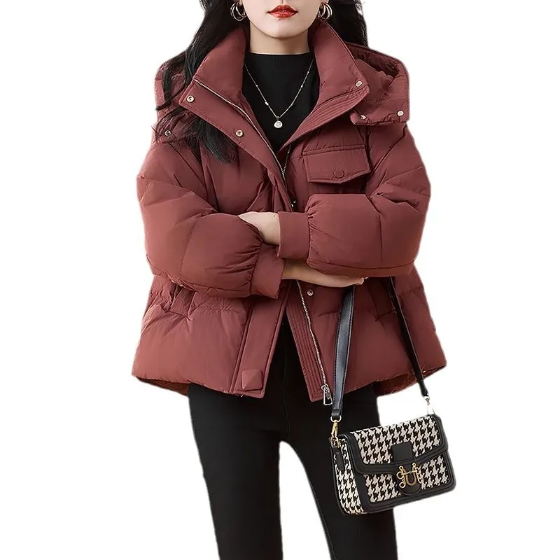 Red Short Hooded Down Cotton Jacket Women's Winter 2025 New Small Man Stand Up Collar Hot Thin and Thickened Coat