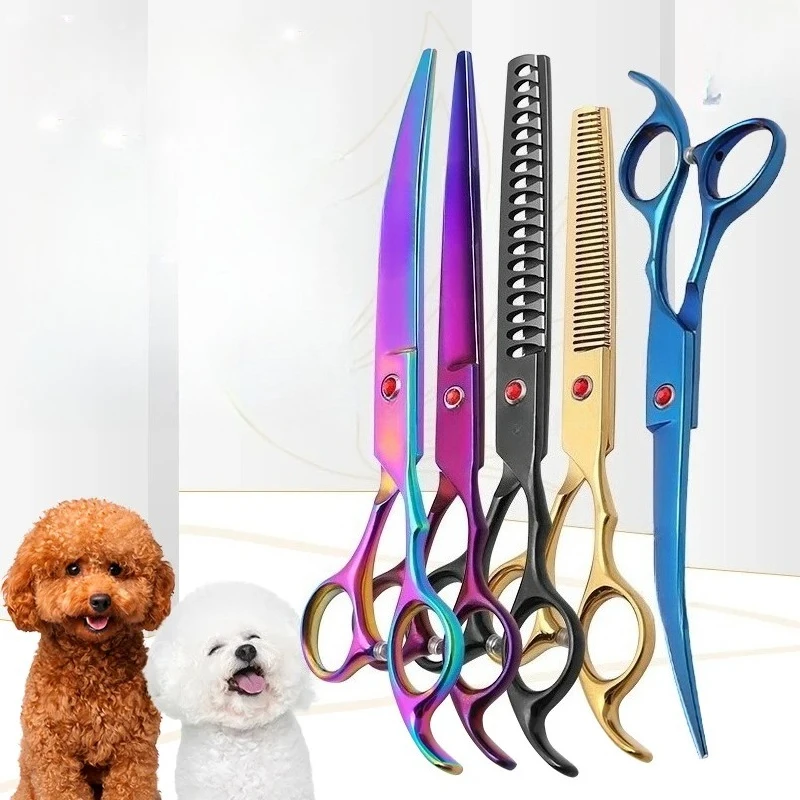 New design colorful 7.0 inch pet grooming scissors set straight thinning curved scissors