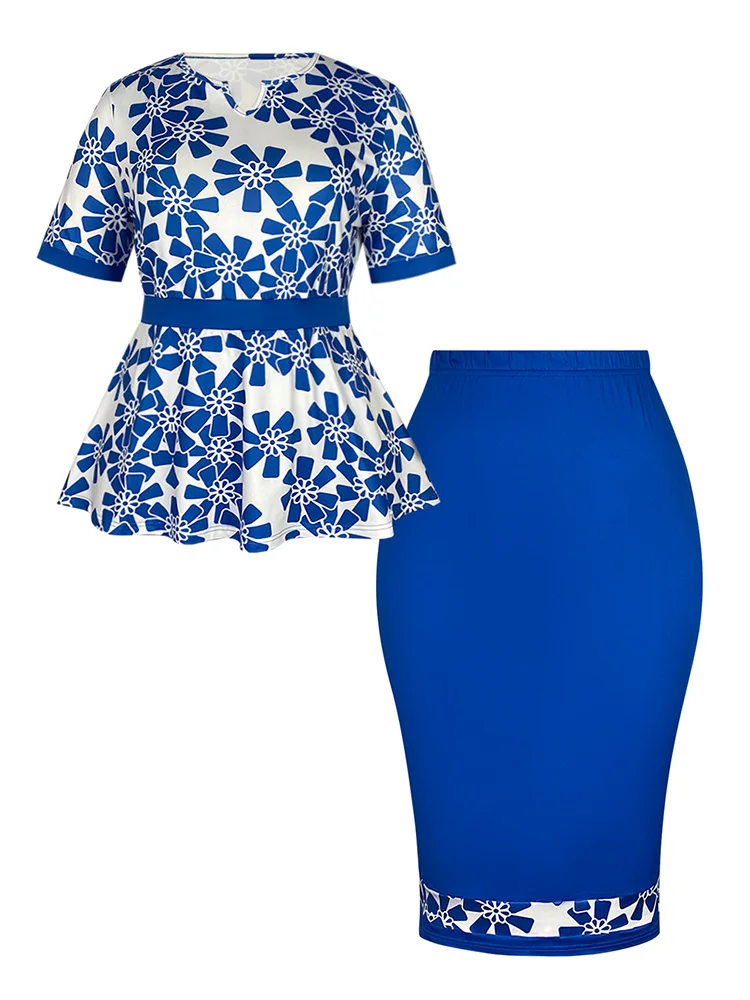 Plus Size Women\'s Elegant Two-Piece Skirt Suit Round Neck Short Sleeve Top T-Shirt Solid Color Blue High Waist Hip Skirt