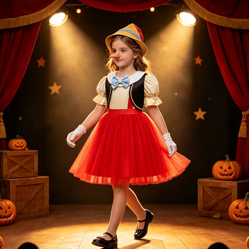 Halloween Costume Girl Anime Puppet Costume Funny Long Nose Vest+Gloves+Princess Dress 3pcs Kids Cosplay Christmas Girl Costume