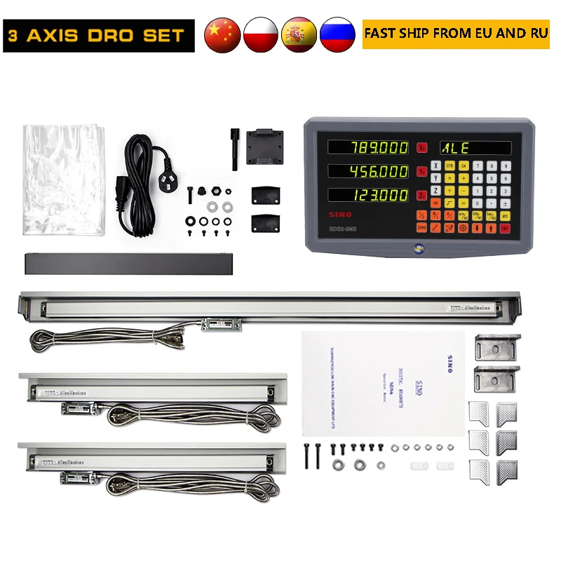 SINO 2/3 Axis DRO Set Digital Readout Kit 5μm Grating Ruler 0.005mm Linear Scale Linear Encoder 120~1020mm for Milling Tools