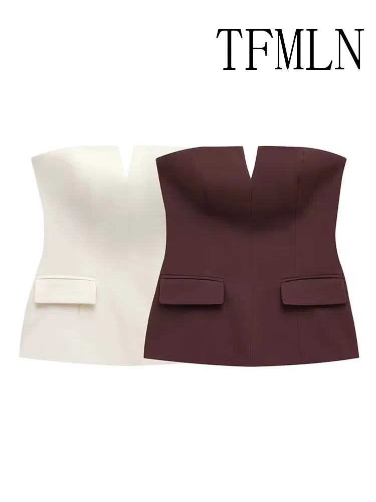 

TFMLN Womens Strapless Crop 2025 Tops Basic Sleeveless Office Lady Tops Trend Street Fashion Classic Solid Tube Tops