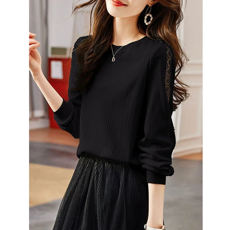 Women Stylish Hollow Out Lace Patchwork Black White Elegant T-shirt Casual O Neck Long Sleeve Loose Pullover Tops Ropa De Mujer