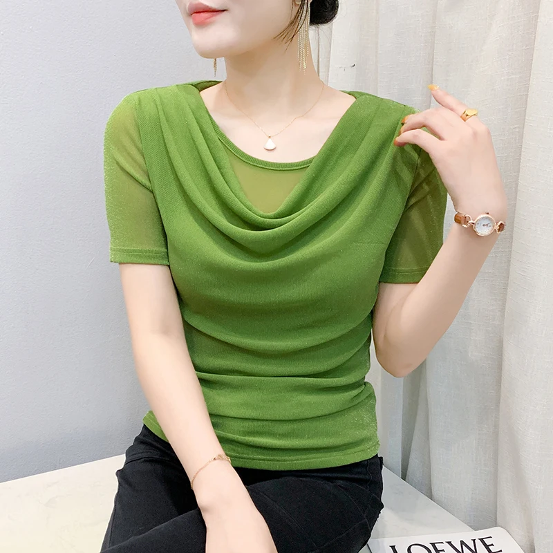 

2025,New,Summer,European,Clothes,Mesh,T-Shirt,Chic,Sexy,O-Neck,Heaps collar,Patchwork,Women,Tops,Short Sleeve,Casual,Tees,55010