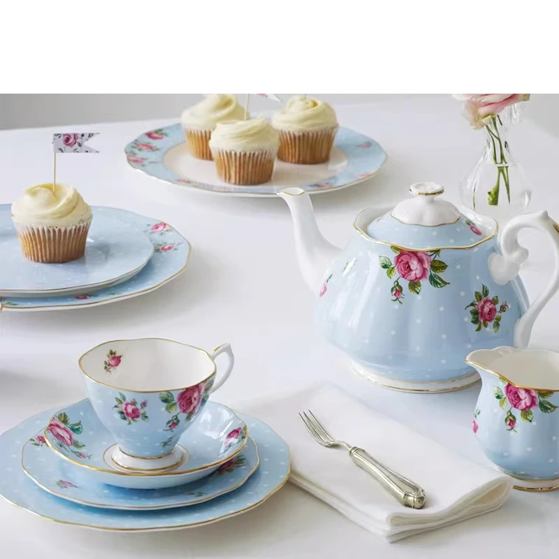 Polka Blue Rose Series Bone china kettle coffee pot teapot