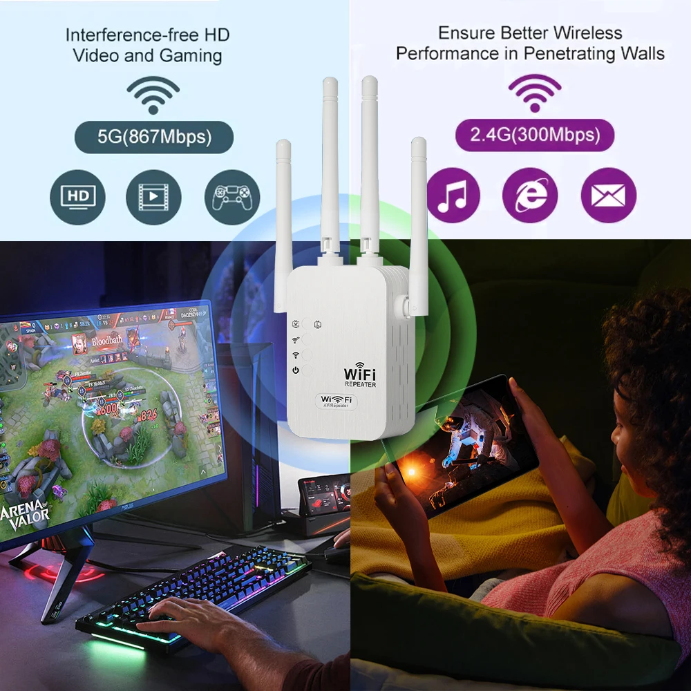 Magecam واي فاي مكرر 1200Mbps ثنائي النطاق مكبر للصوت اللاسلكي عالية 6 هوائي شبكة مكبر للصوت مكرر واي فاي الداعم للمنزل