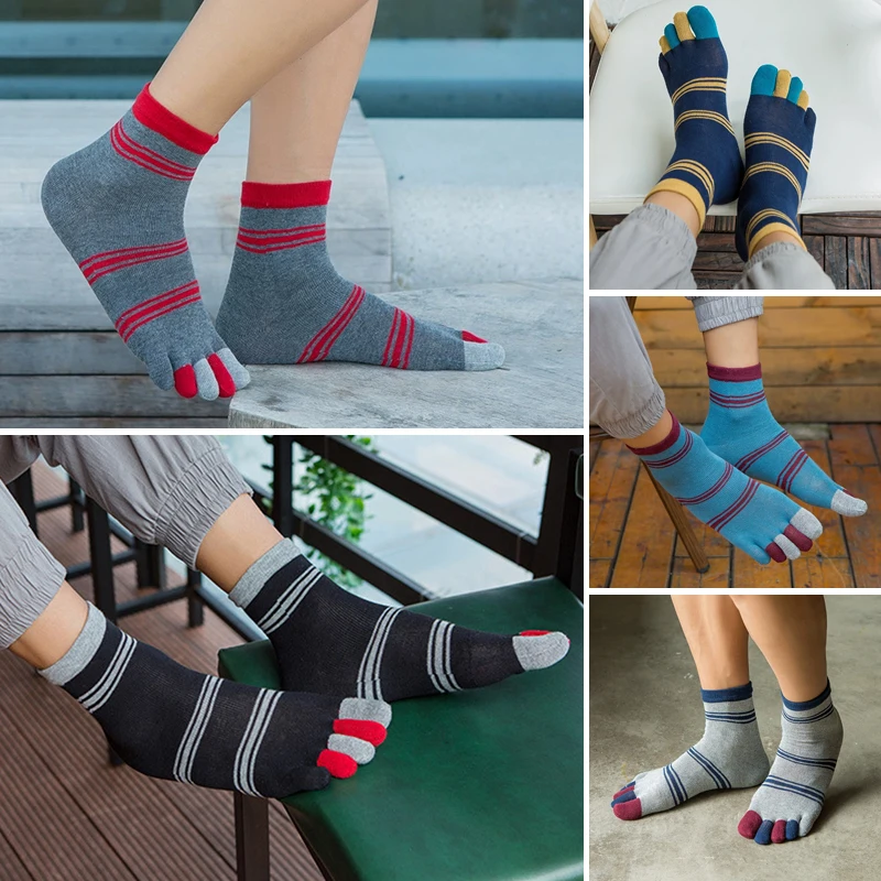 

Mans Business Five Finger Socks Short Cotton Striped Anti-Bacterial Breathable Warm Dressy Casual Husbands Fathers Toe Socks
