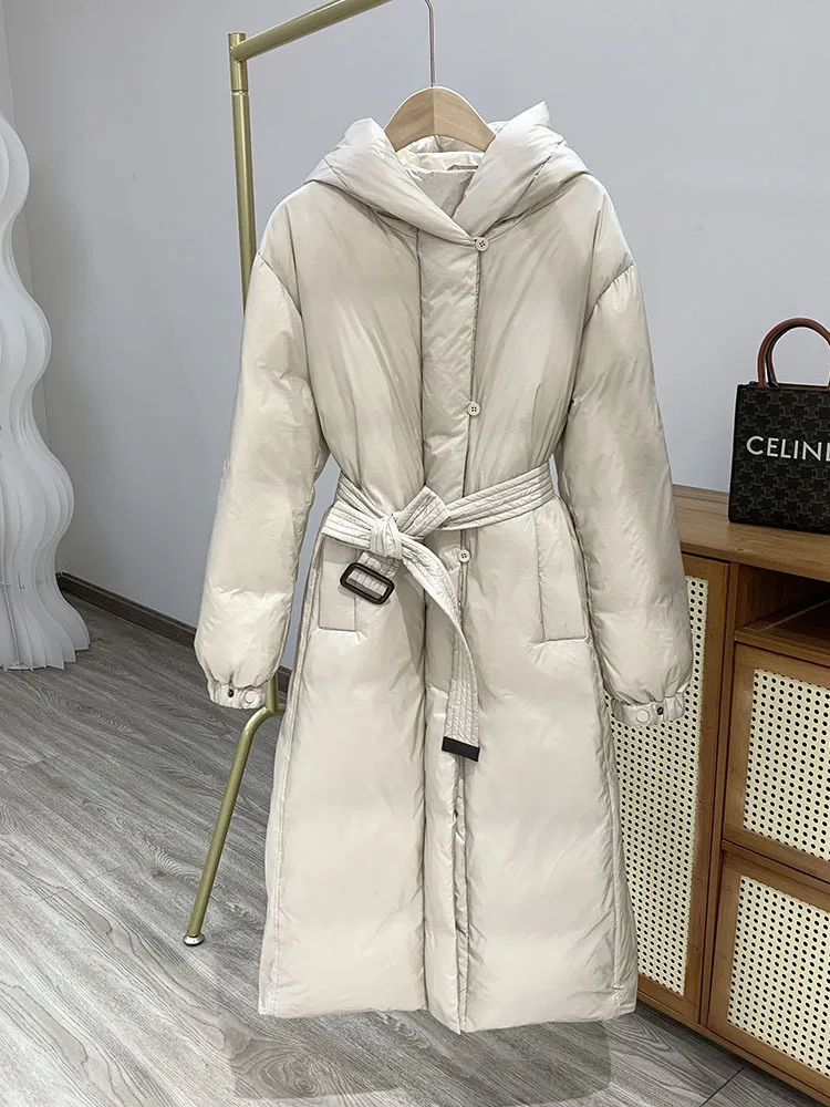 New Autumn Winter Women High Street Hooded Lace-up Long Down Jacket Lady Fashion Thick Warm 90% White Duck Down Coat