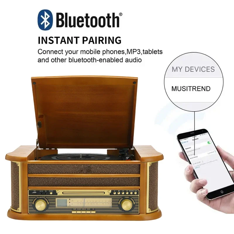 Latest 2024 model Wooden Record Player Vinyl Bluetooth CD Cassette Turntables  With Built In Speakers Nostalgic Stereo