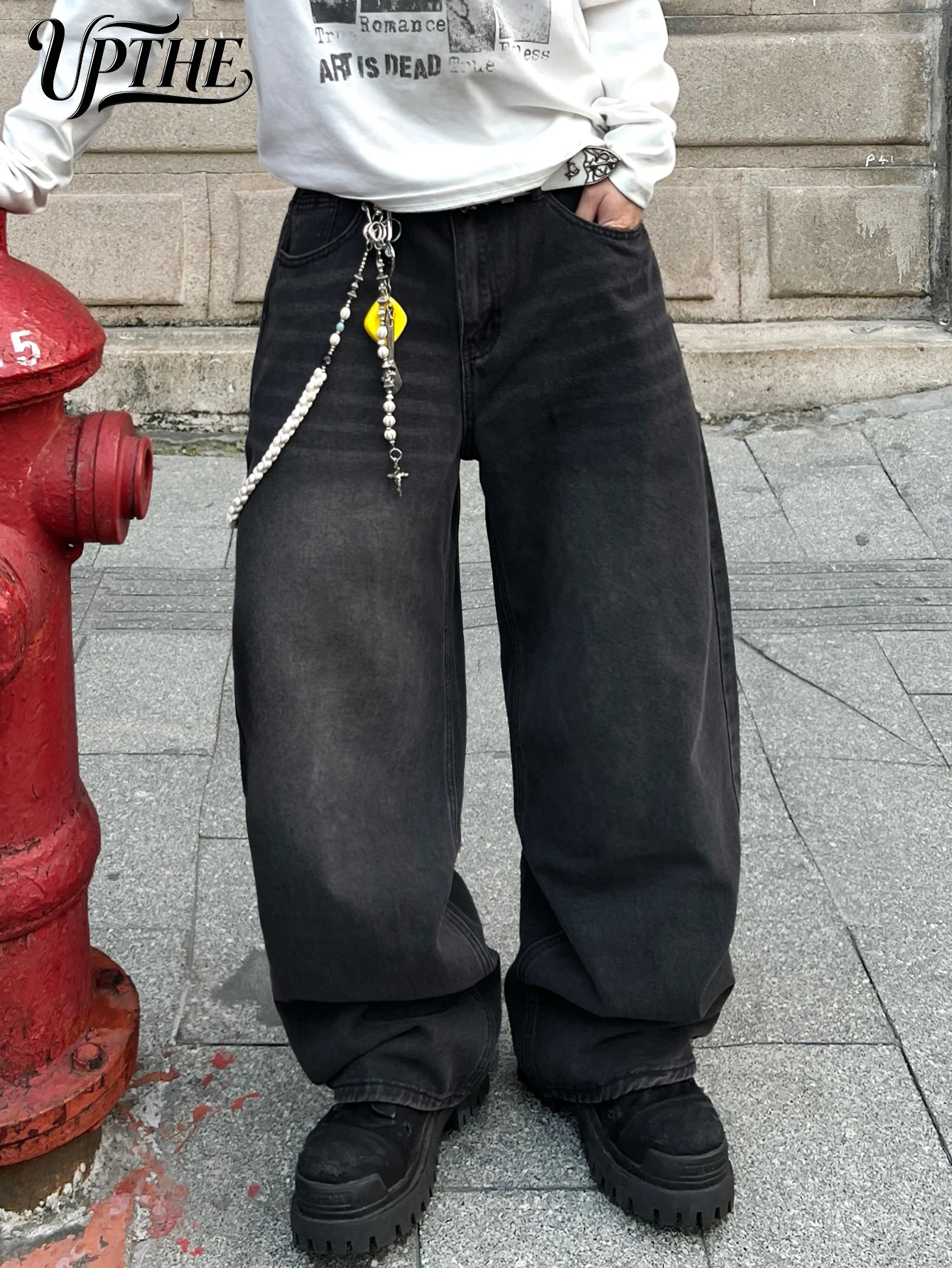 UPTHE Men's Black Washed Baggy Wide Leg Jeans, Vintage Faded Loose Denim Pants, Hip Hop Streetwear Oversized Trousers