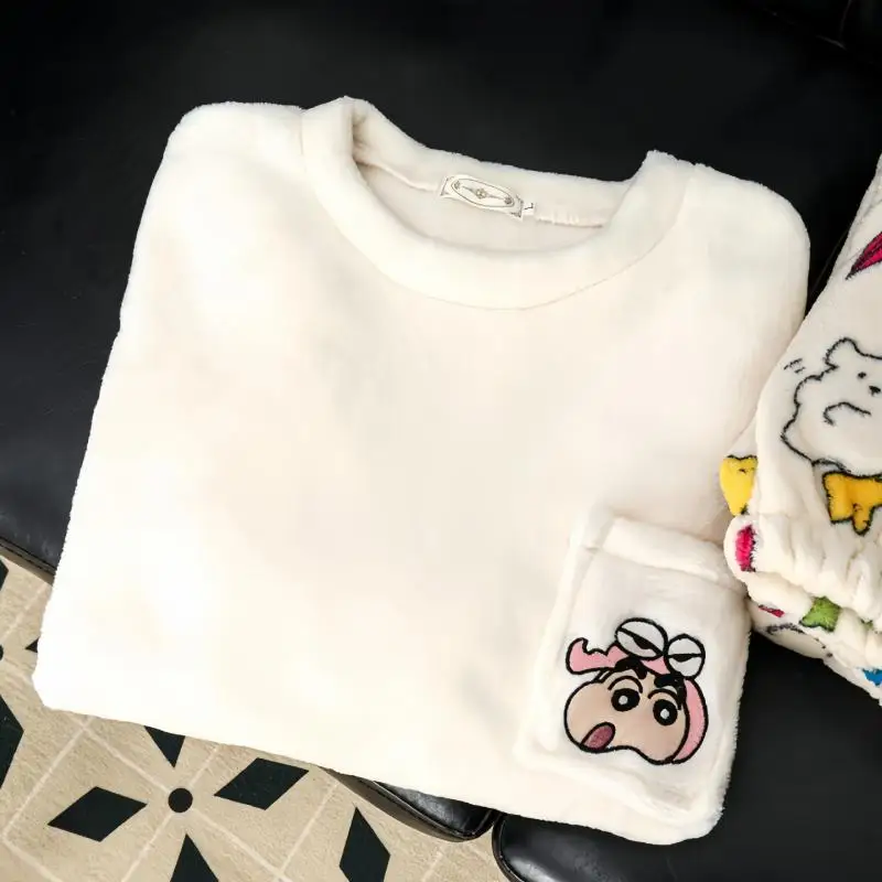 Anime Coral Velvet Pajamas Crayon Shinchans Kawaii Girl Long Sleeves Decorate Loungewear Set Trousers Cartoon Good Looks Gift