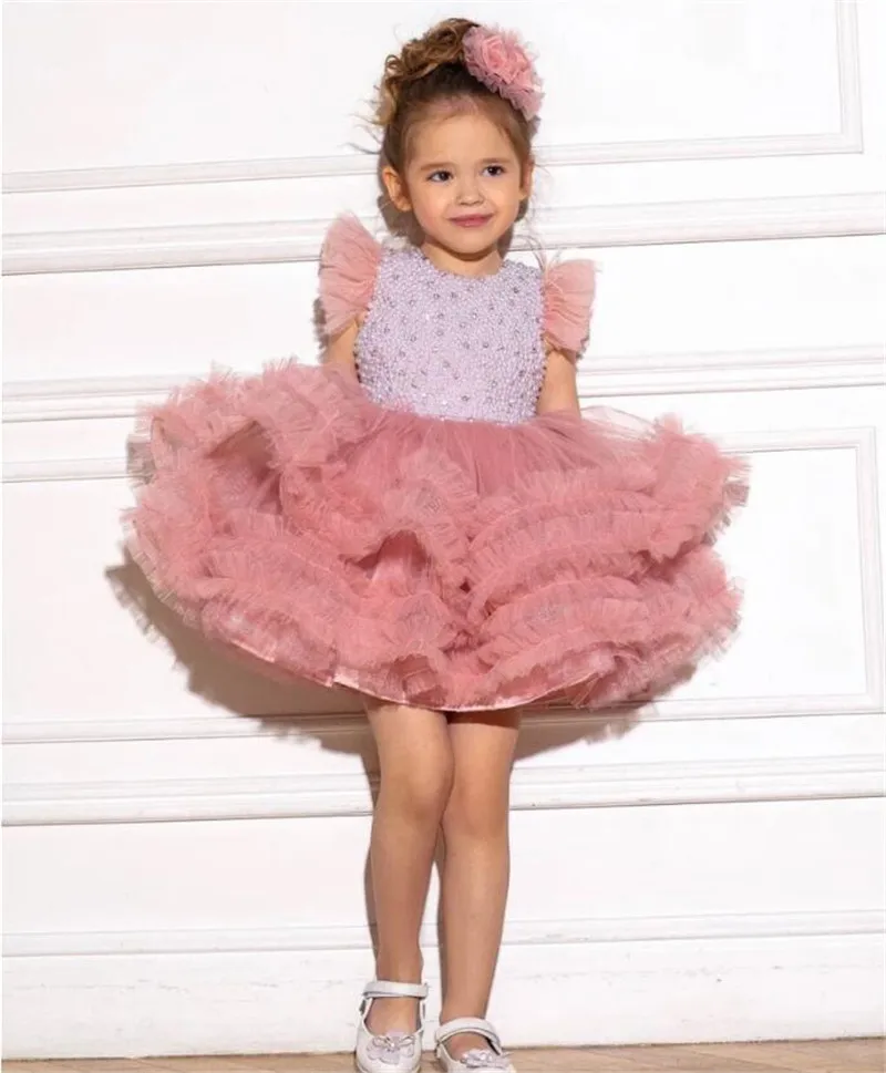 

Blush Pink Puffy Girl Costume Tutu Toddler Frock Organza Pearls Flower Girl Dress Infant Birthday Outfit with Big Bow