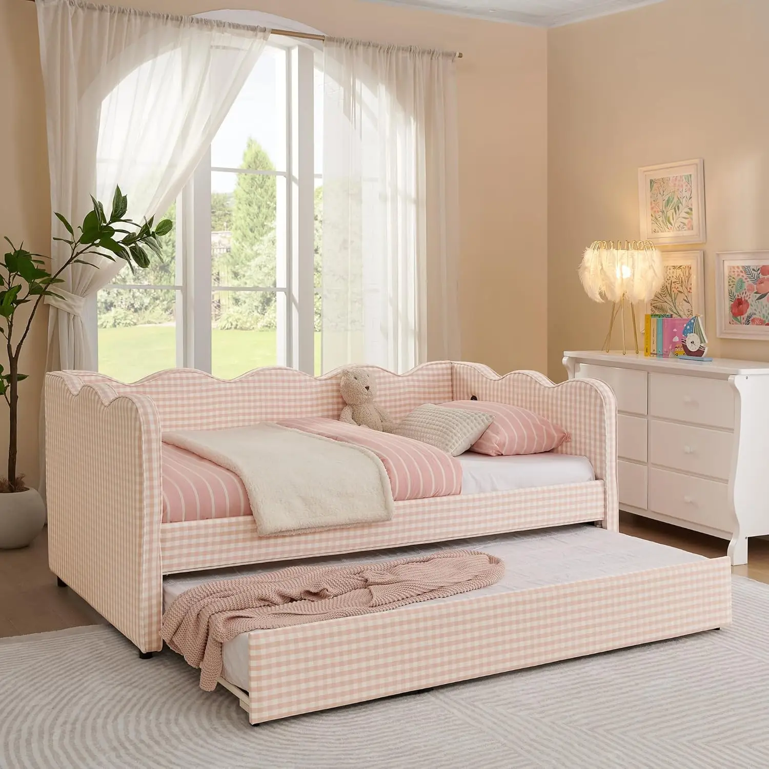 Twin Upholstered Daybed Extendable Linen Sofa Bed USB Charging Wave Frame Living Room Bedroom No Box Spring Custom