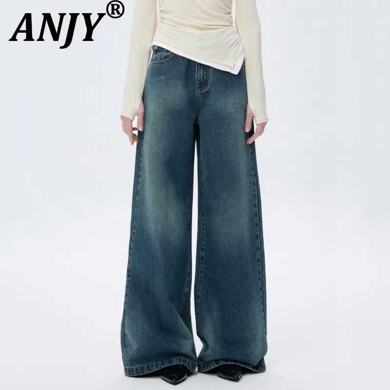 

ANJY Autumn New Women Tide Chic Jeans Washed Denim Vintage High Street Elegant Fashion Casual Versatile Y2K Wide Leg Pants A9708
