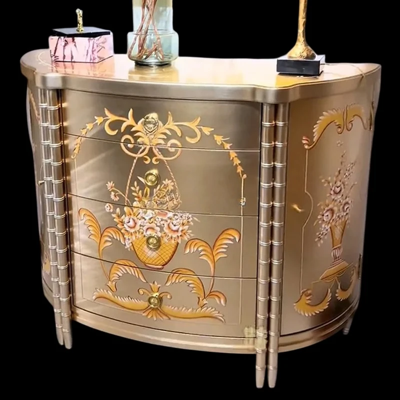 

Французский светлый роскошный входной шкаф из цельного дерева, окрашенный шампанским, европейский декоративный шкафчик из серебряной фольги