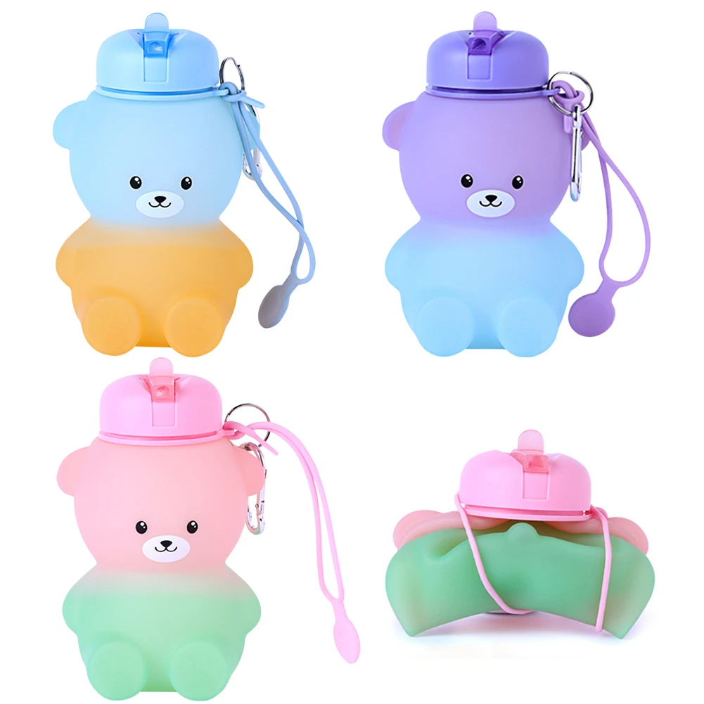 600ml Gradient Bear Water Cup with Handle Cute Bear Water Bottle Large Capacity Foldable Drinking Cup for Backpacking Camping