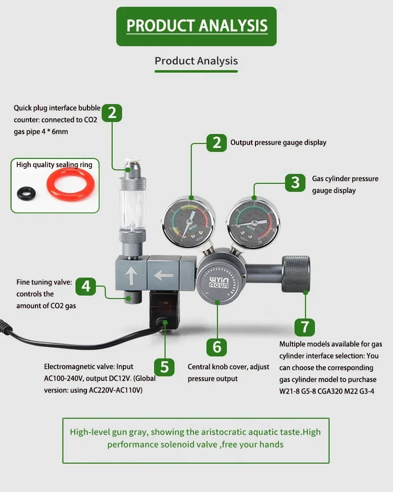 Aquarium CO2 Regulator Pressure Reducing Valve Bubble Meter Solenoid Control Bipolar 100-240V - Aquarium Equipment Accessory