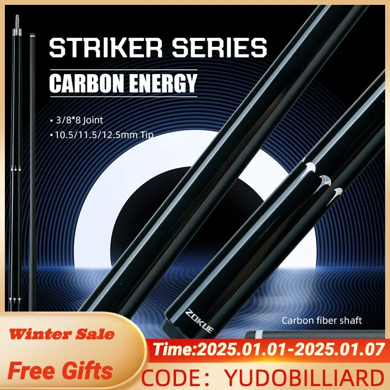 ZOKUE Carbon Fiber Pool Cue Stick with 2 Shafts 3/8*8 Joint Pin Low Deflection Full Carbon Technology Billiards Pool Stick Set