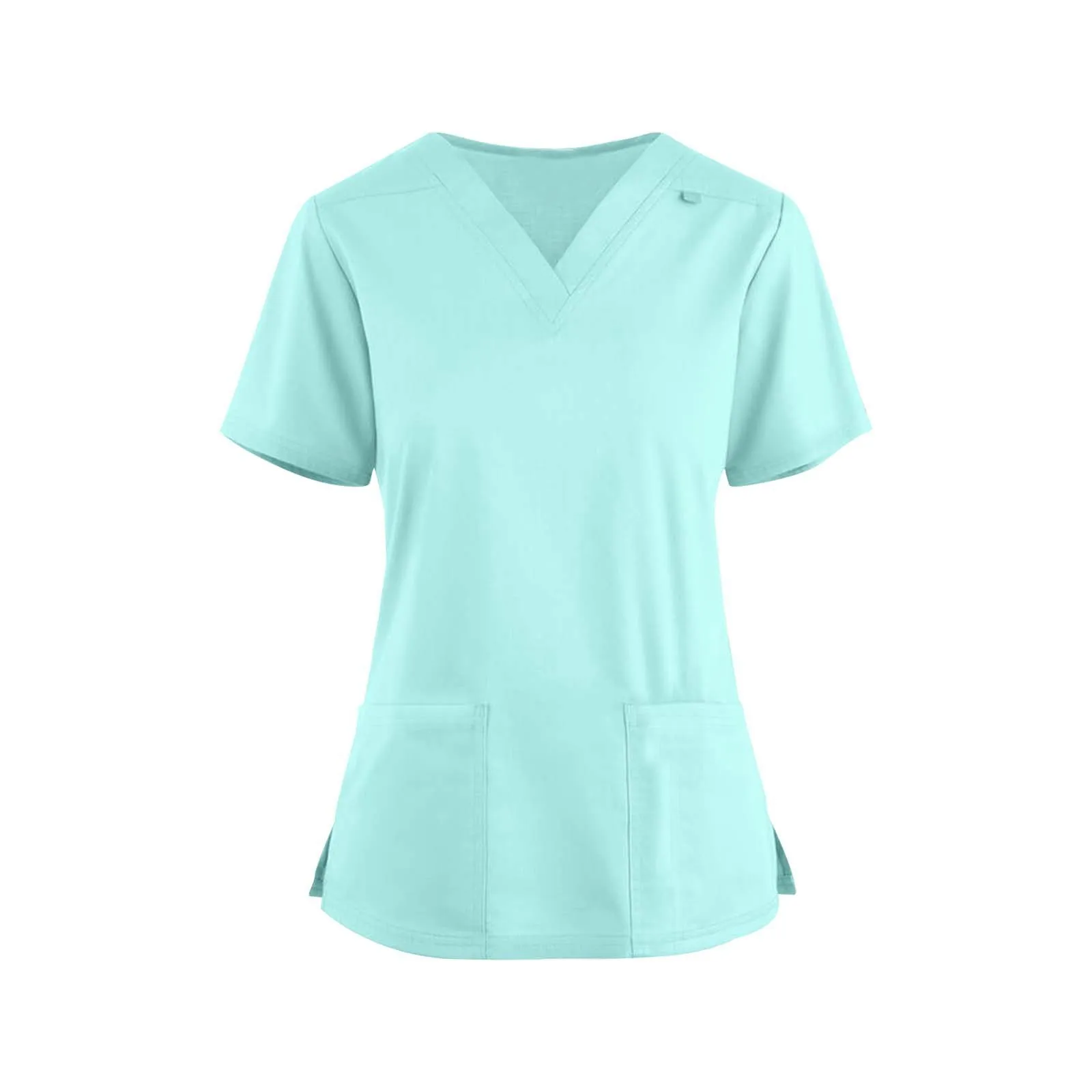 Women Care Workers T-Shirt Scrub Uniform Short Sleeved V Neck Pocket Solid Color Doctor Hospital Lab Workwear Spa Nursing Tops