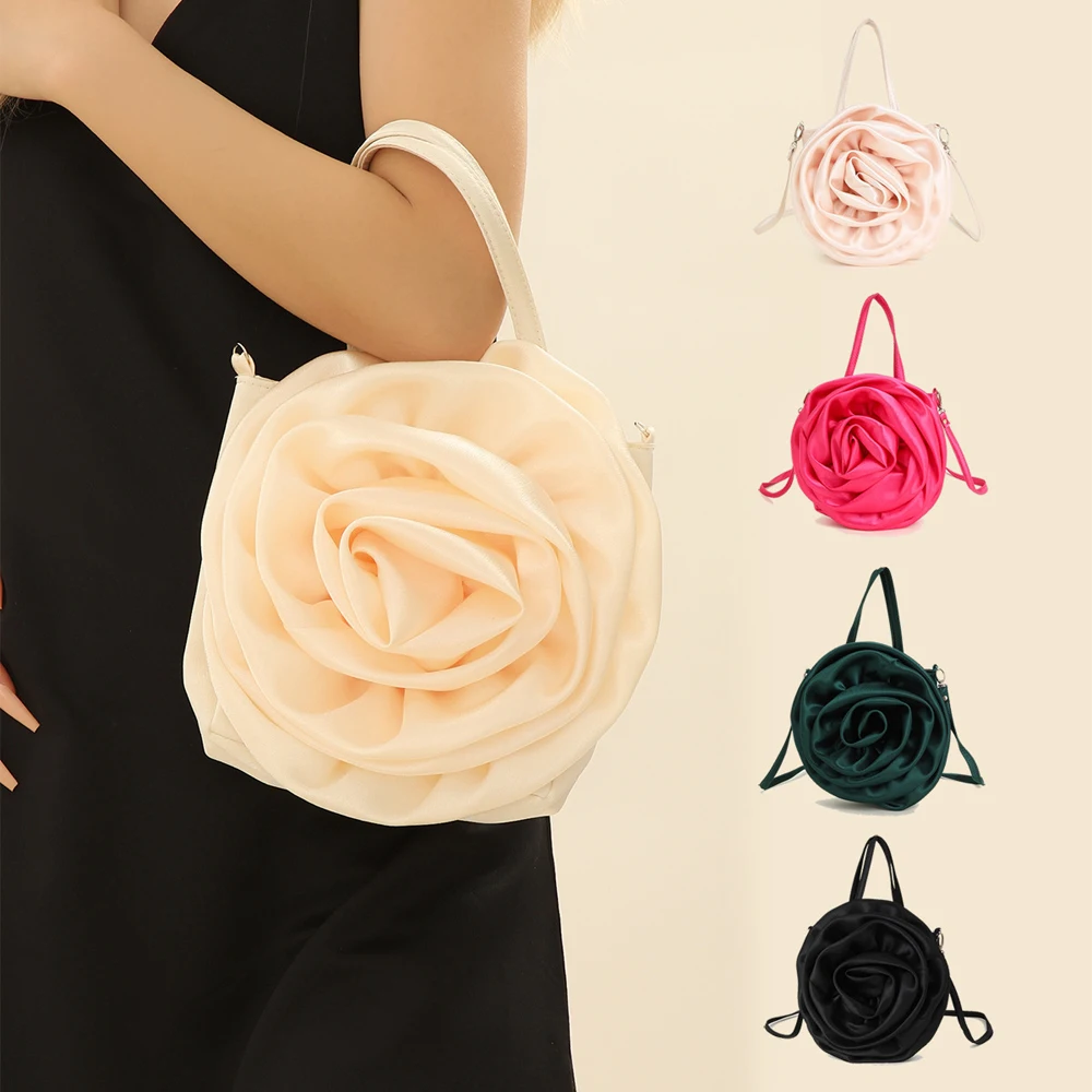 Luxury Rose Handbags Design Silk Pleated Flower Shoulder Bag Women Red Satin Round Evening Purse Wedding Party Clutches Female