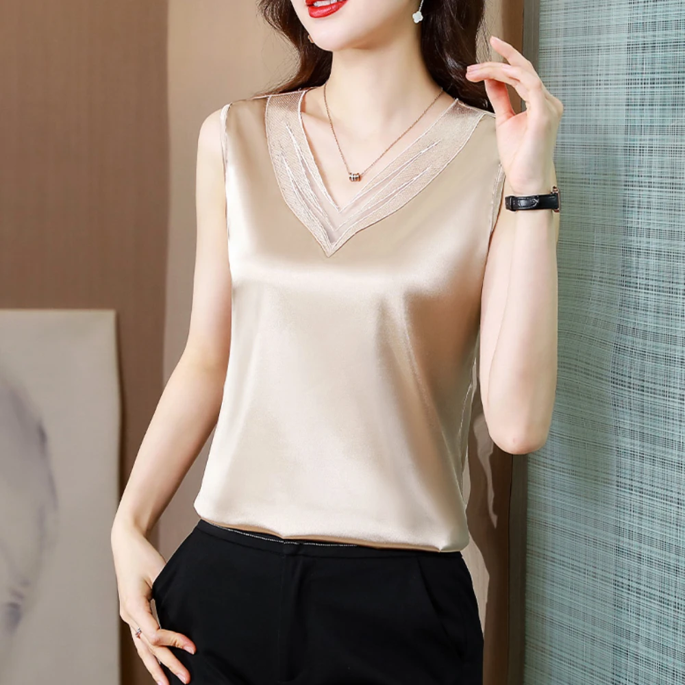 Women\'s T-shirts Elegant Silk Satin Summer Camisole Female 2024 Fashion Casual Loose Tanks Tops Camis Solid Strap Tops for Women