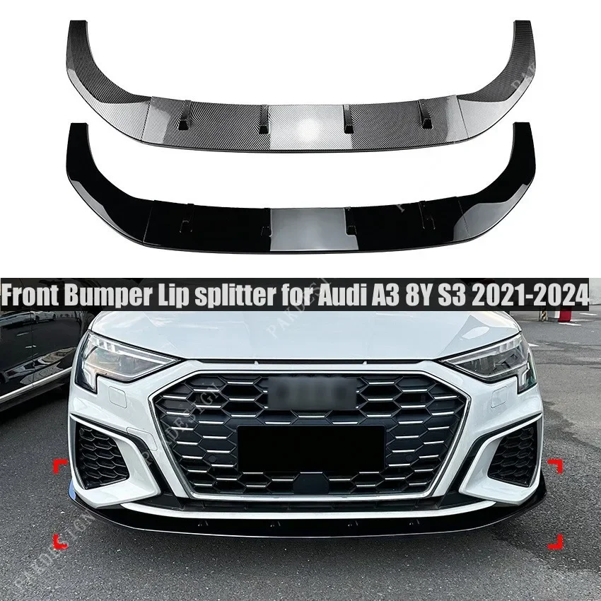 Front Bumper Lip Spoiler Splitter  for  Audi A3 8Y S3 2021 2022 2023 2024 Bodykits ABS Gloss Black Diffuser Guard Cover Trim