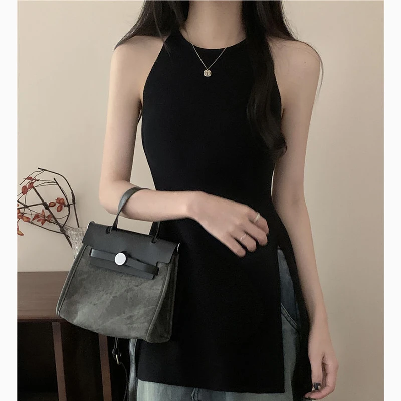 Y2K Women Knitted Shirt Korean Slim Spaghetti Strap Slit Female Blouse Summer New Fashion All Match Sleeveless Ladies Tops