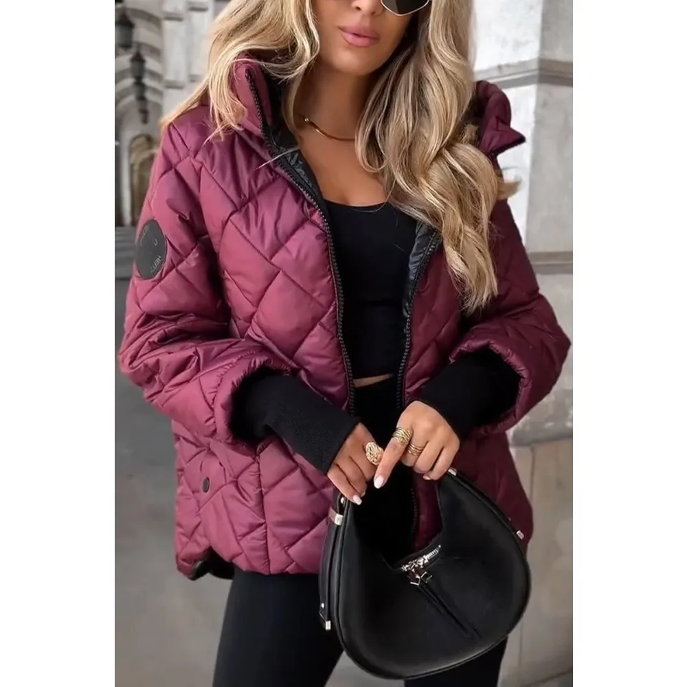 Herbst und Winter Neue Mode Kapuzen-Modejacke Lose Langarm Patchwork Baumwolljacke Damen Winterjacke Gesteppter Mantel – Detail 3