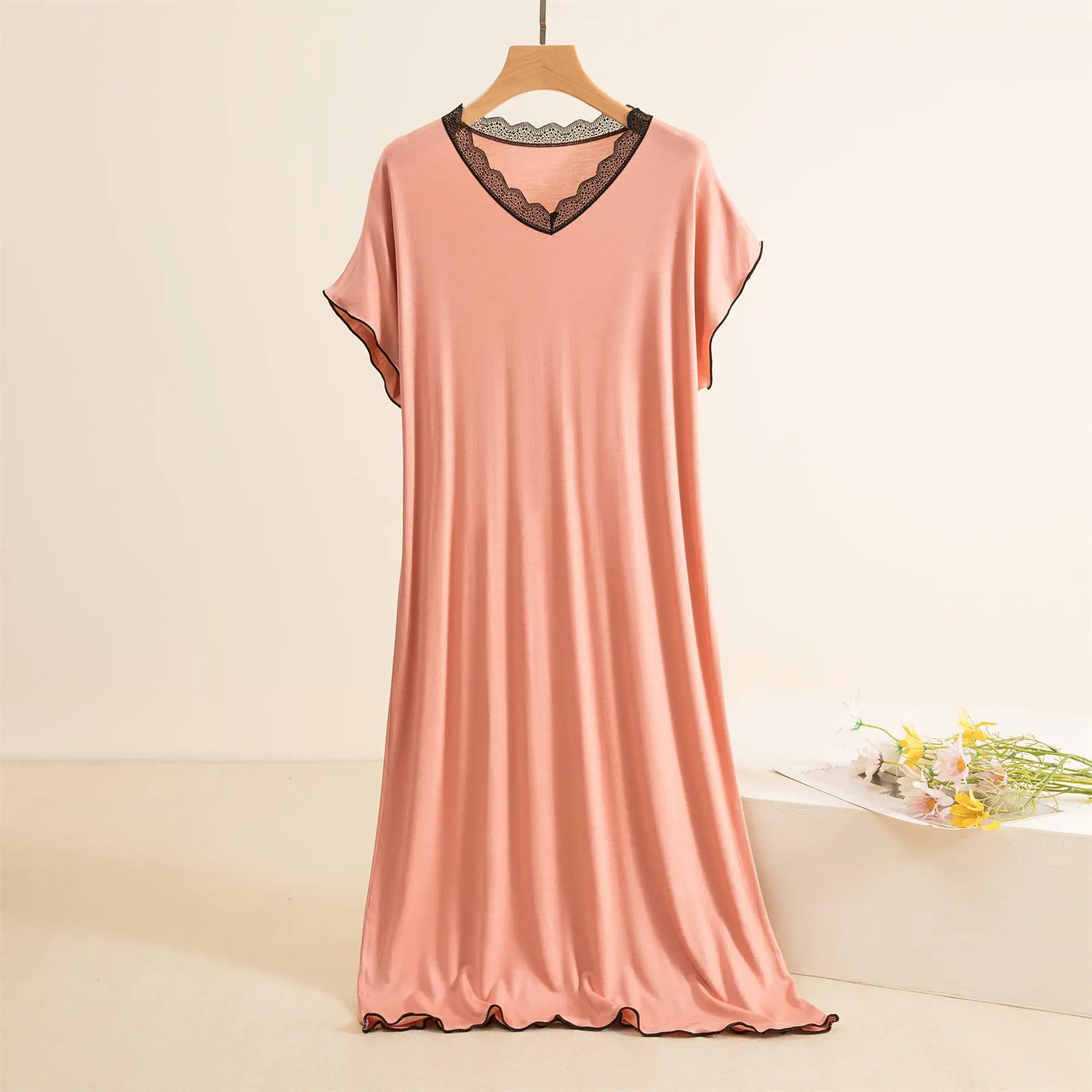 Camisón con cuello De encaje para mujer, vestido De noche De manga corta, para el hogar ropa De dormir, ropa De dormir con cuello en V, novedad De verano