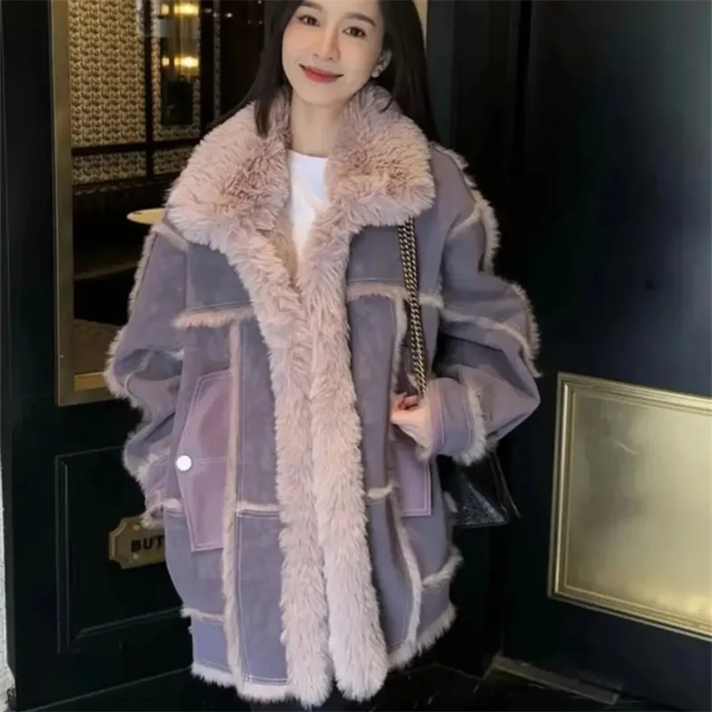 2024 Winter New Fashion Fur One Mid Length Outerwear Female Long Sleeve Stitching Joker Loose Padded Warm Winter Coat