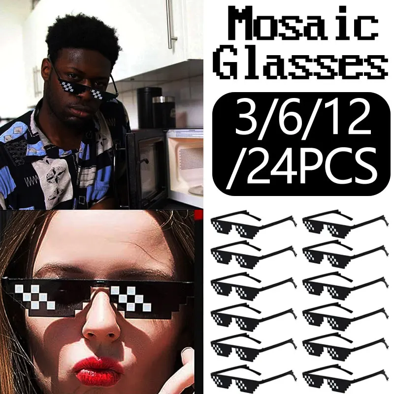 1-24Pcs Funny Pixel mosaic sunglasses Kids Men Women adult black Mosaic Pixel Glasses Photo Props Birthday Party Cosplay