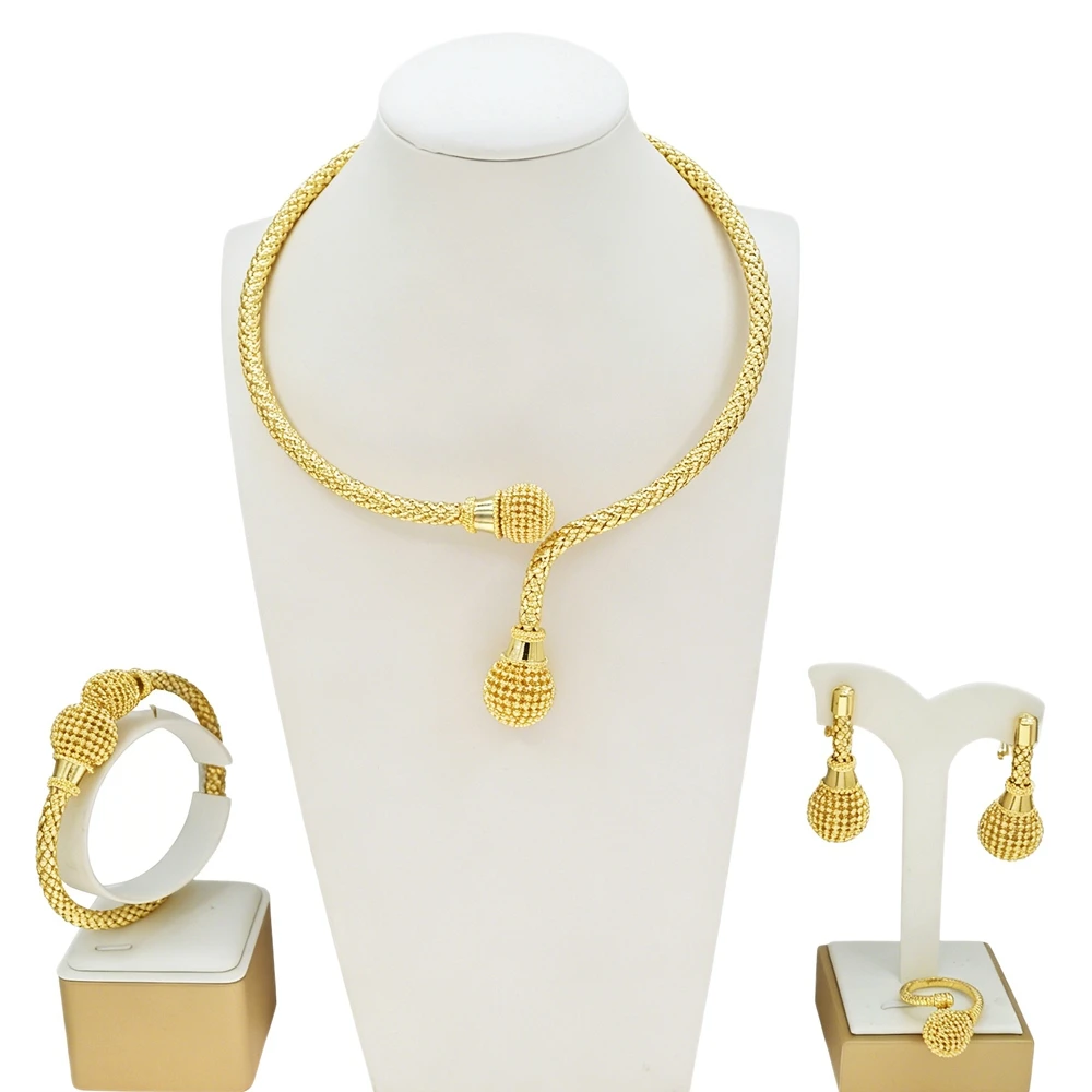 Brazilian Gold Textured Ball Pendant Jewelry Set Braided Popcorn Mesh Chain Lariat Full Statement Wedding Party Jewelry Set