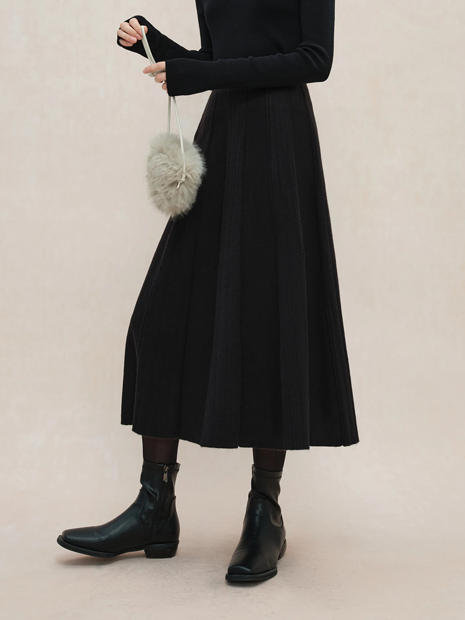 ZIQIAO Women Winter Knitted Skirts High Waist Thick Black Commuter Long A-LINE Skirts Office Lady Winter Simple Skirt 24ZQ94337