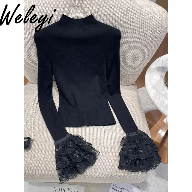 Women's Slim-fit Semi-turtleneck Inner Wool Knitted Sweater 2024 Autumn and Winter Luxury Butterfly Horn Sleeve Bottoming Shirt